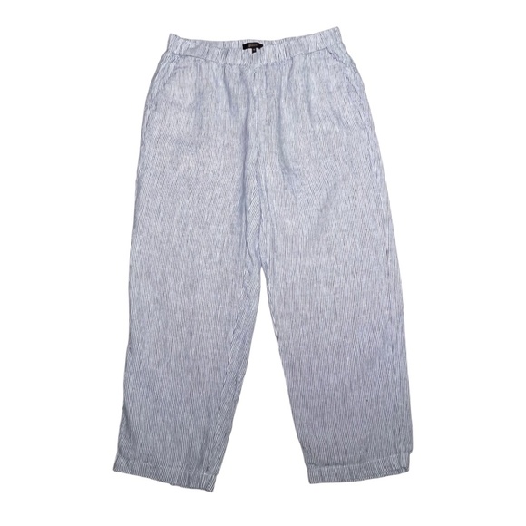 Quince 100% European Linen Pants Blue White Pinstripe Cropped Size Medium Preppy - Picture 1 of 9